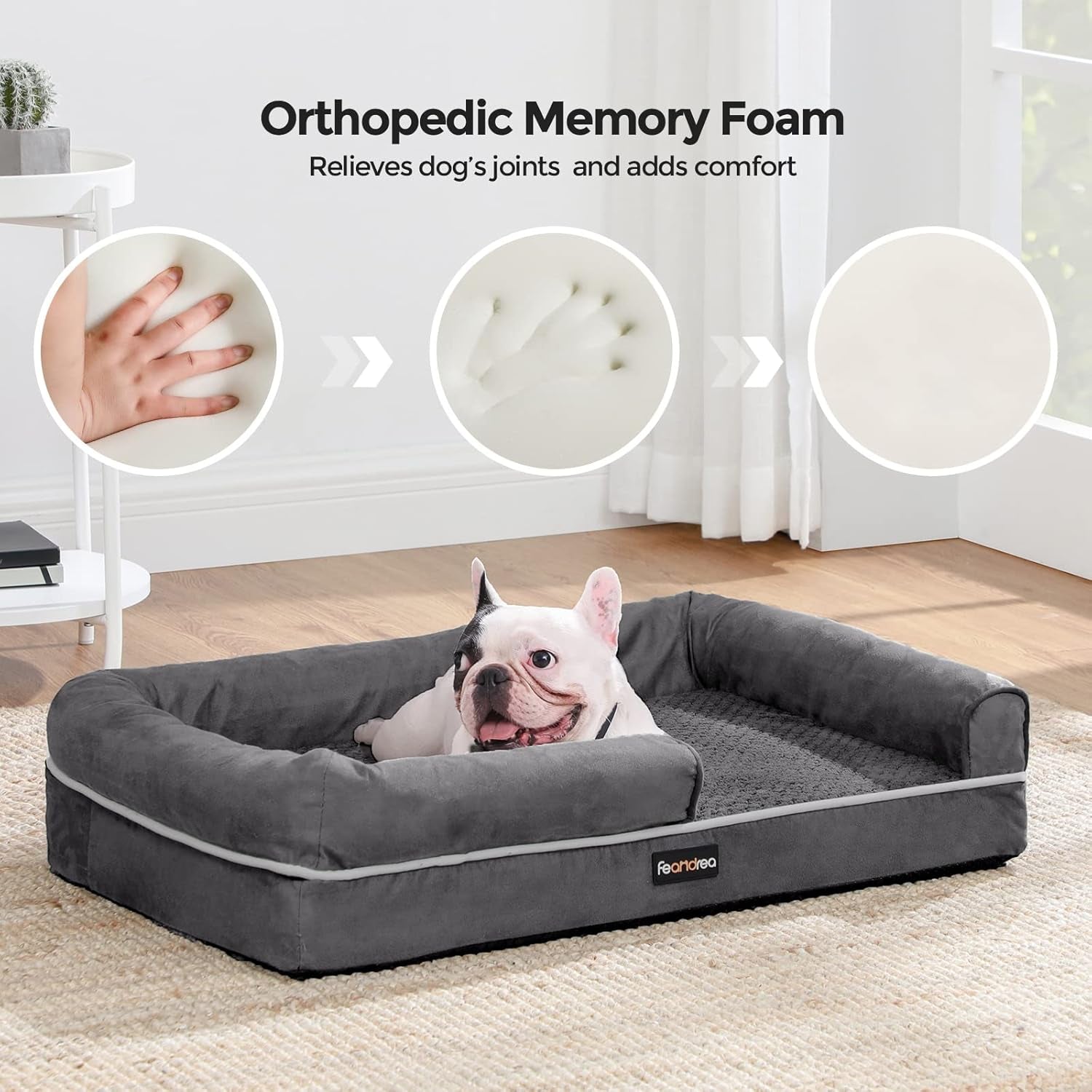 Dog Bed, Orthopedic Dog Sofa, Memory Foam Dog Mat, Removable Cover, Waterproof, Machine Washable, Anti-Slip, Raised Edges, 30 X 19 X 7 Inches, Dark Gray