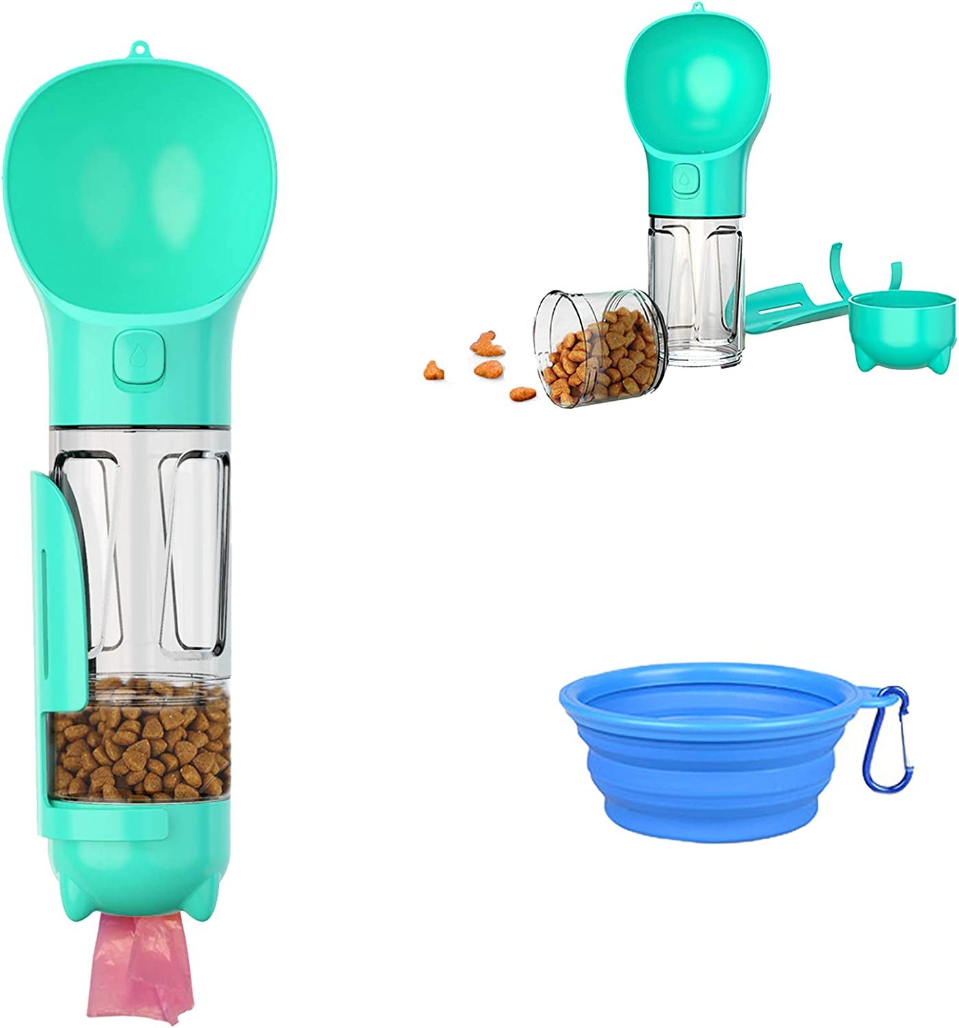 Dog Water Bottle, 4 in 1 Pet Travel Water Cup with Food Box, Shovel,Garbage Bags for Hiking Travel(Turquoise)