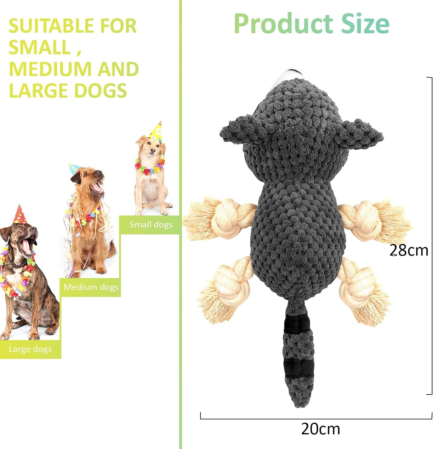 Dog Chew Toys, Stuffed Squeaky Dog Toys for Puppy Teeth Cleaning, Plush Dog Toy for Small and Medium Dogs with Crinkle Paper (Raccoon)