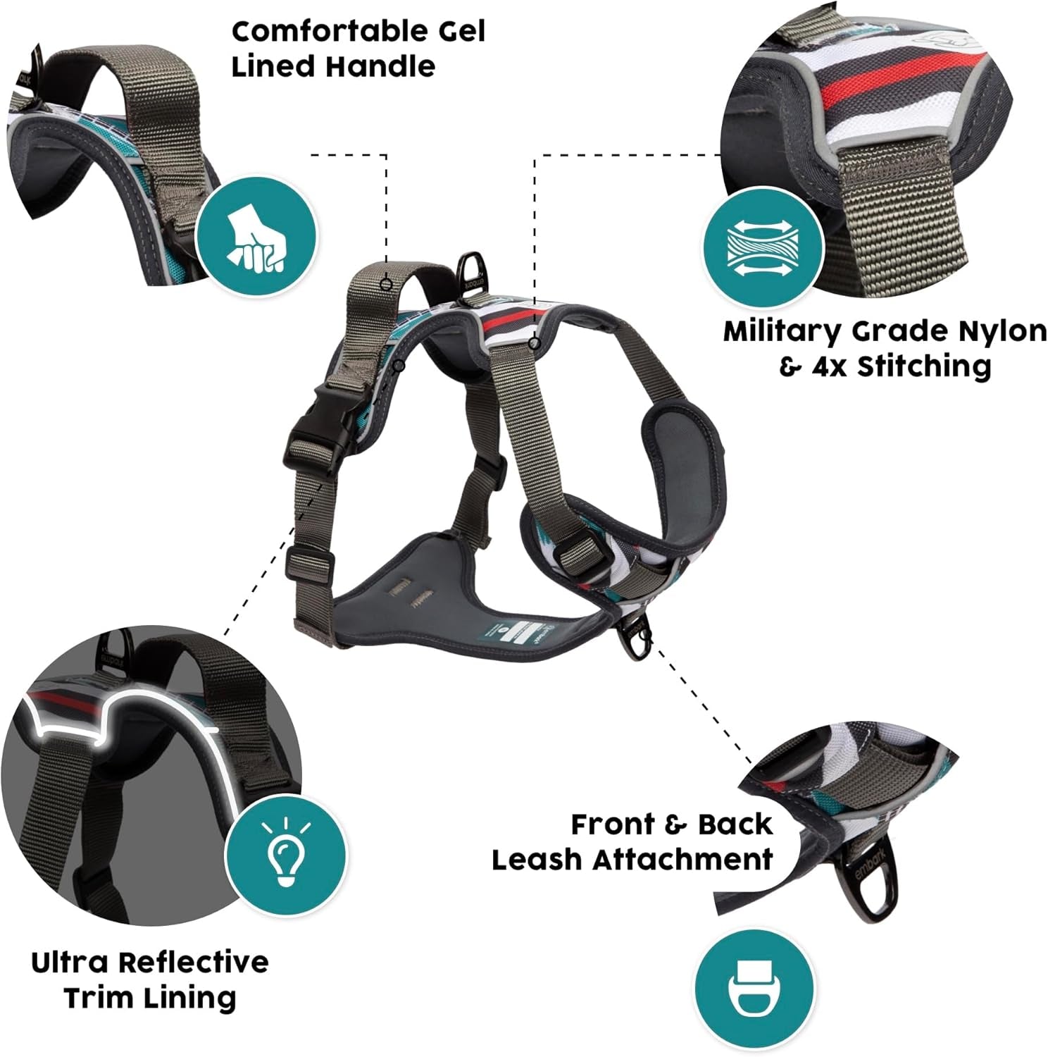 Embark Adventure Medium Dog Harness – No-Pull, Reflective Trim, Military-Grade Nylon, Front Clip with Gel-Lined Handle