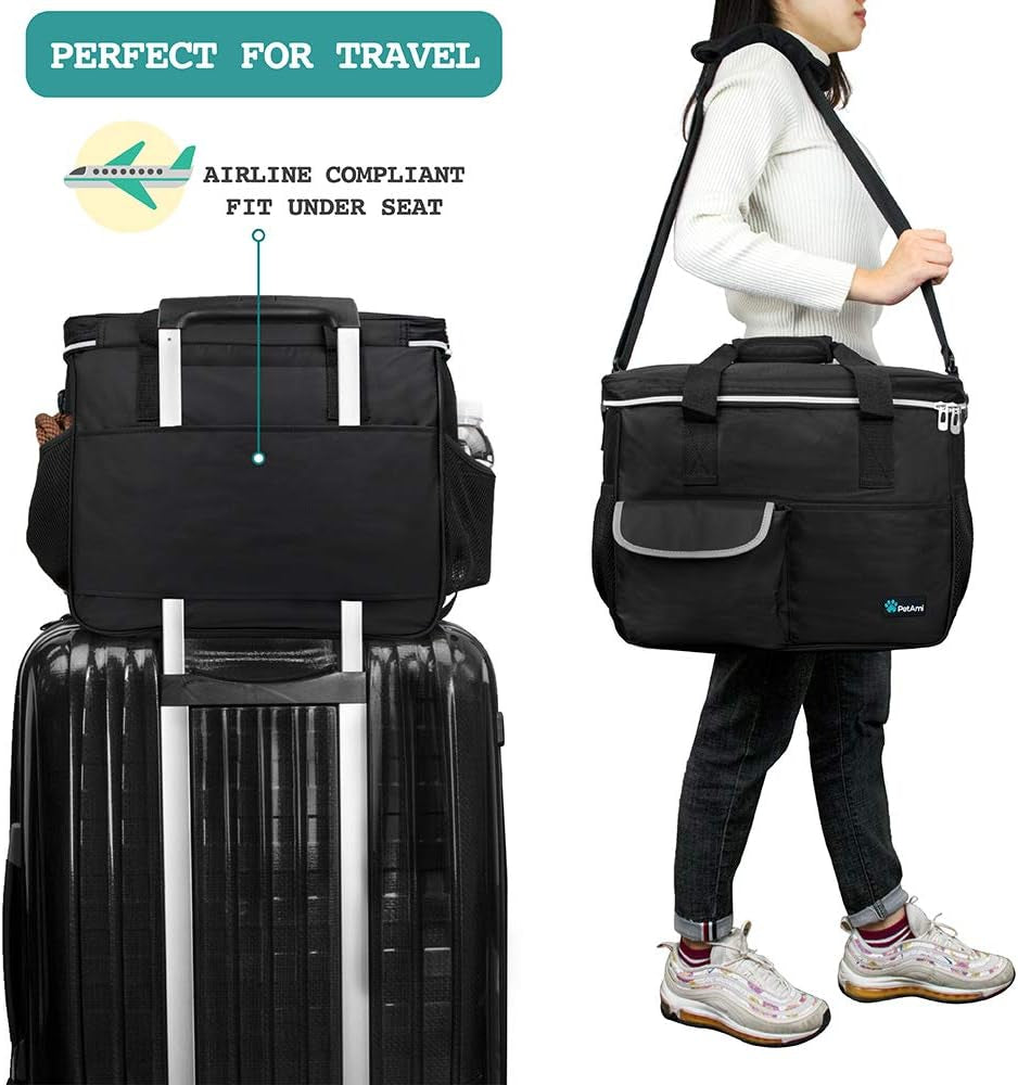 Dog Travel Bag, Travel Pet Bag Organizer, Dog Food Travel Bag with Container Collapsible Bowls, Pet Travel Supplies Gift Accessories for Weekend Camping, Puppy Cat Diaper Bag, Black Medium