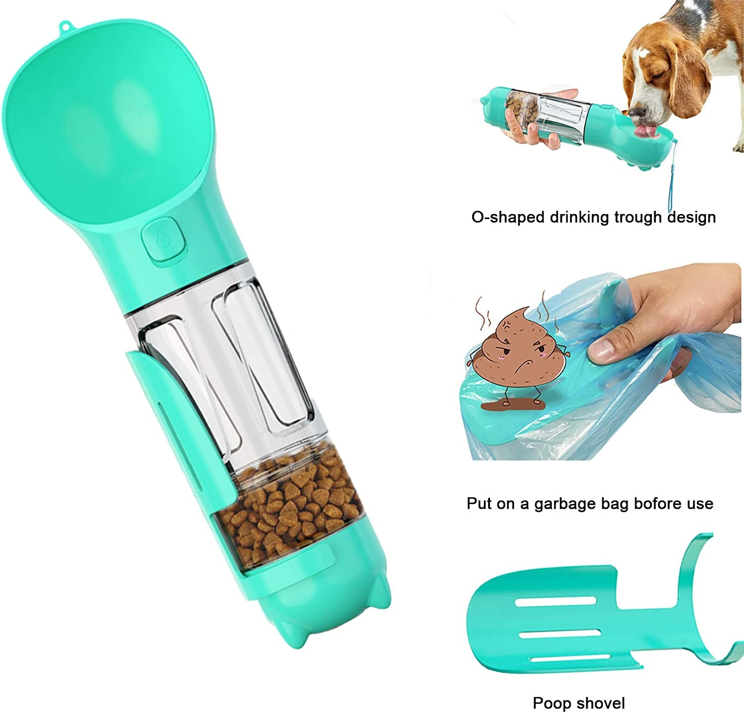 Dog Water Bottle, 4 in 1 Pet Travel Water Cup with Food Box, Shovel,Garbage Bags for Hiking Travel(Turquoise)