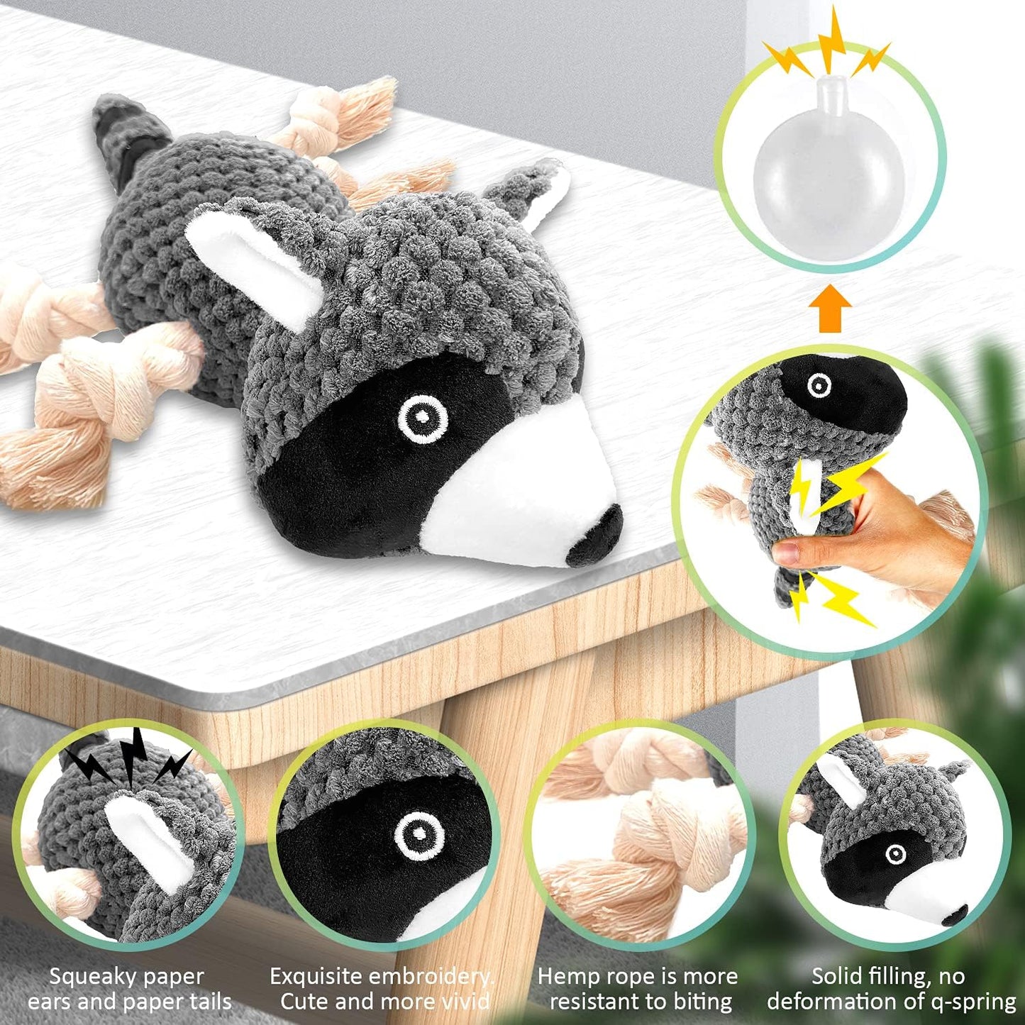 Dog Chew Toys, Stuffed Squeaky Dog Toys for Puppy Teeth Cleaning, Plush Dog Toy for Small and Medium Dogs with Crinkle Paper (Raccoon)
