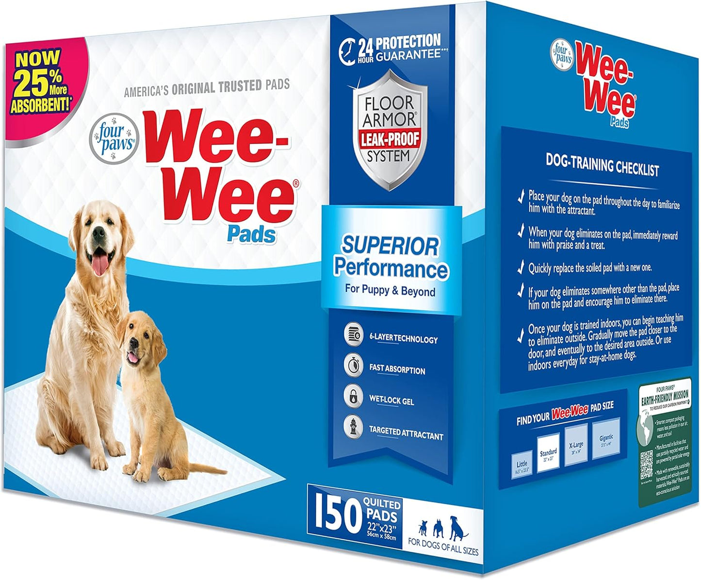 Wee-Wee Superior Performance Unscented Pee Pads for Dogs & Puppies, Quilted Leak-Proof Dog Housebreaking Potty Training Floor Protection, 22" X 23", 100 Count