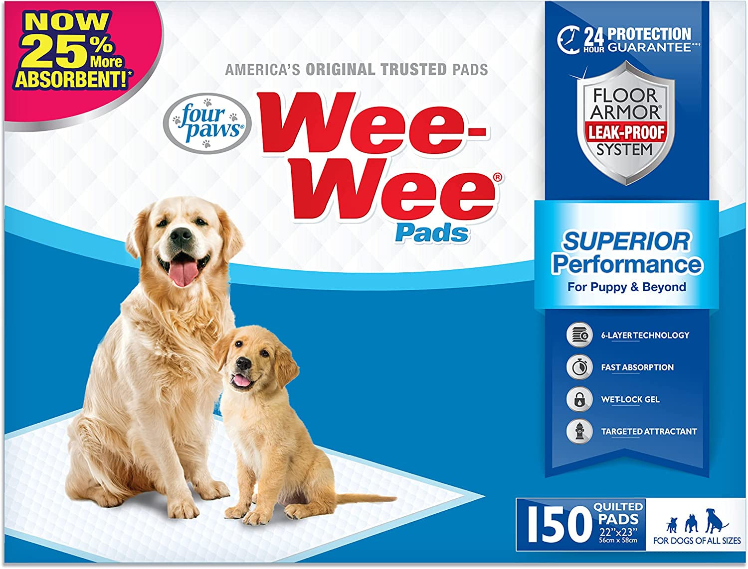 Wee-Wee Superior Performance Unscented Pee Pads for Dogs & Puppies, Quilted Leak-Proof Dog Housebreaking Potty Training Floor Protection, 22" X 23", 100 Count