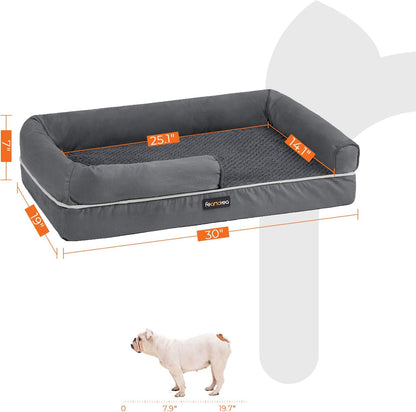Dog Bed, Orthopedic Dog Sofa, Memory Foam Dog Mat, Removable Cover, Waterproof, Machine Washable, Anti-Slip, Raised Edges, 30 X 19 X 7 Inches, Dark Gray