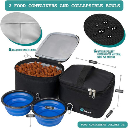 Dog Travel Bag, Travel Pet Bag Organizer, Dog Food Travel Bag with Container Collapsible Bowls, Pet Travel Supplies Gift Accessories for Weekend Camping, Puppy Cat Diaper Bag, Black Medium