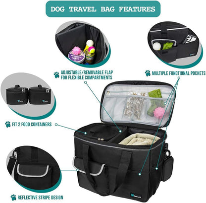 Dog Travel Bag, Travel Pet Bag Organizer, Dog Food Travel Bag with Container Collapsible Bowls, Pet Travel Supplies Gift Accessories for Weekend Camping, Puppy Cat Diaper Bag, Black Medium
