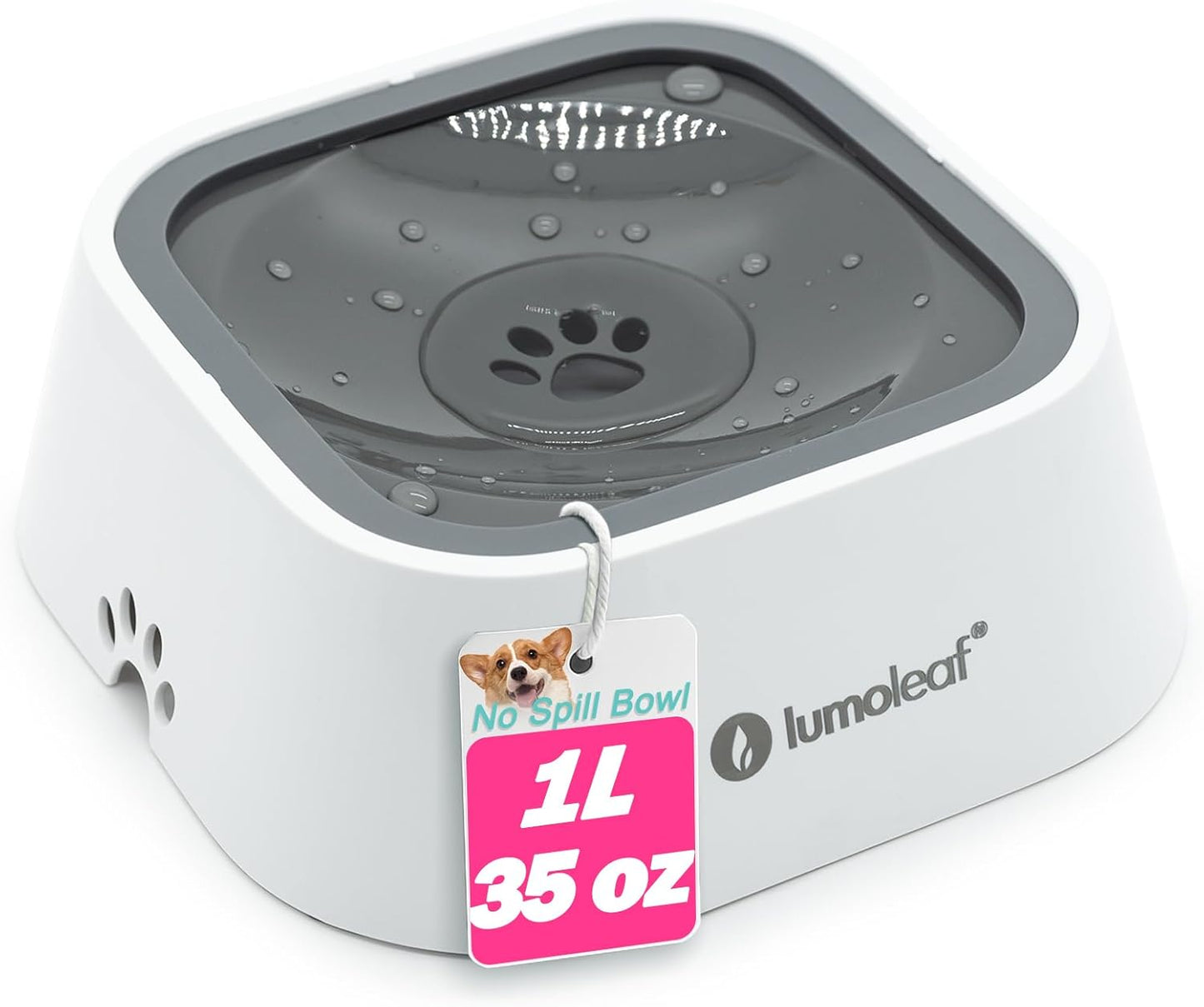 No Spill Water Bowl for Dogs, Slow Feeder for Messy Drinkers, Drip-Free, Splash-Proof Design (Grey, 35Oz)