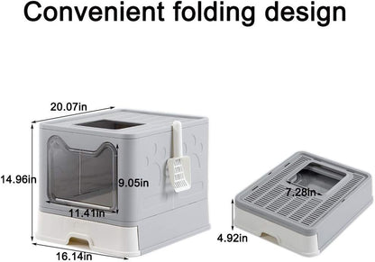 Foldable Cat Litter Box - Top Entry/Front Entry Large Enclosed Litter Box with Cat Litter Scoop, Gray