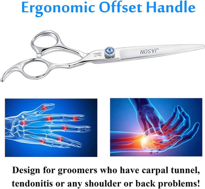 7" Straight Dog Grooming Scissors, Ergonomic Pets Grooming Shears, Premium Cats Trimming Kit with Offset Handle and Jewelled Screw, Sharp, Comfortable Christmas Gift